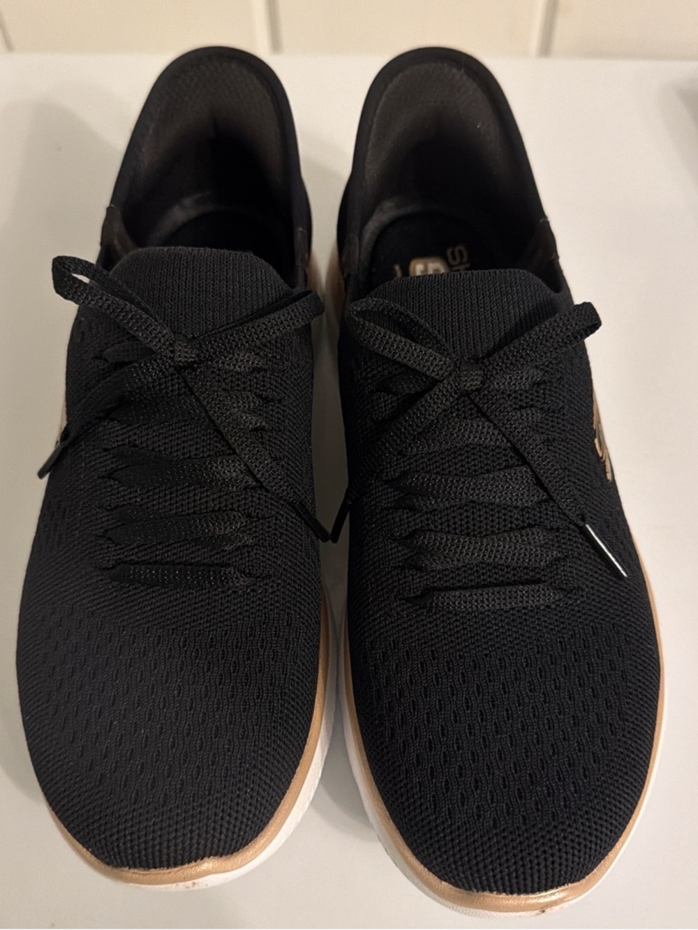 Skechers Black Knit Slip-On Sneakers with Tan Gold Trim - Picture 2 of 3
